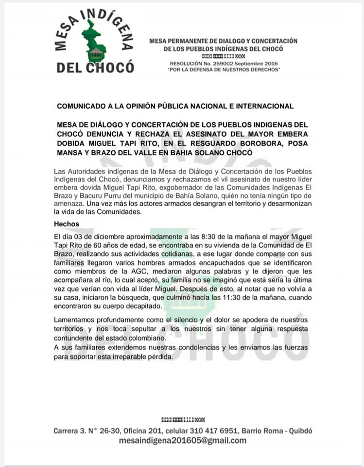 Comunicado: Federación de Asociaciones de Cabildos Indígenas del Chocó – FEDEOREWA