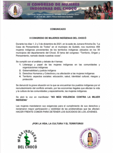 COMUNICADO – SEGUNDO CONGRESO DE MUJERES INDÍGENAS DEL CHOCÓ